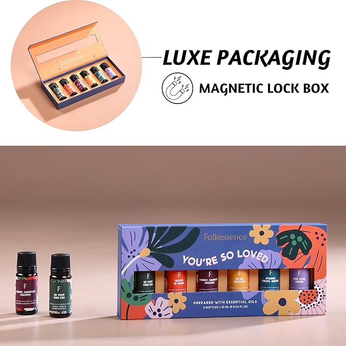 Folkulture Rose, Jasmine & Patchouli Essential Oils Set (6 Fragrance Oils) | Fathers Day & Graduation Gifts | Aromatherapy Gift Set for Her | Diffuser Oils, Relaxing Home Scents
