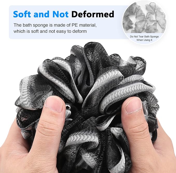 FORENEE Long Loofah with Handle, Back Scrubber for Shower, Loofah on a Stick (19.09"), Black & White 4.72" Jumbo Mesh PE Pouf, Waterproof Coated Wooden Handle, Non-Slip Grip, Hanging Loop, Men & Women