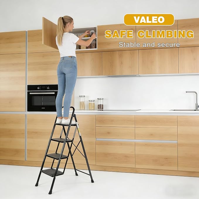 Valeo 4 Step Ladder, Step Stool with Wide Anti-Slip Pedal, 330 lbs Capacity,Step Ladder Folding Step Stool for Adults, Lightweight Steel Portable ladders for Home Kitchen & Office,Black