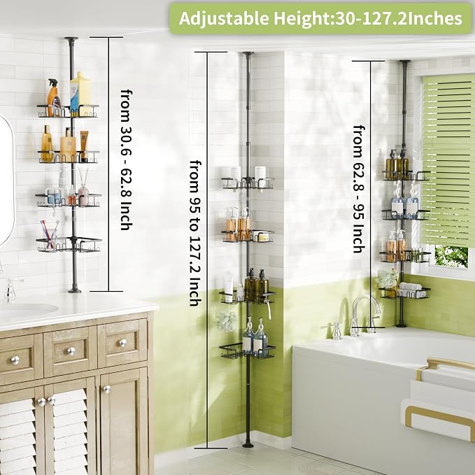Corner Shower Caddy Tension Pole Adjustable 30.6-127.2 Inch, 4-Tier Rustproof Shower Organizer Shelf Rack, No-Drill Installation Bathroom Storage Shower Caddy Corner Pole, Black