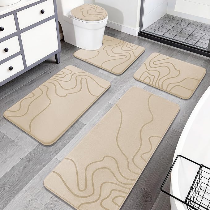 YIHOUSE Memory Foam Bathroom Rugs Sets 5 Piece - Extra Thick Ultra Soft Absorbent Bath Mat Set, Non-Slip Machine Washable Bath Rugs for Bathroom, Tub & Shower, Home Decor Accessories, Beige