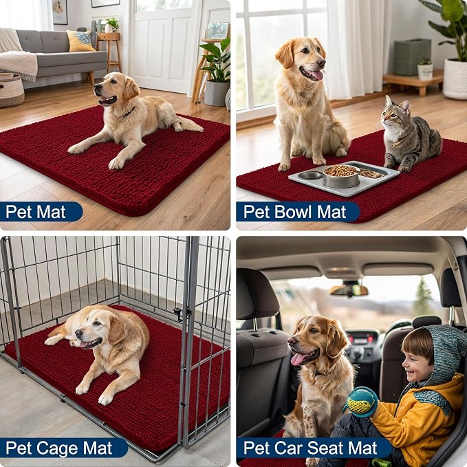 Smiry Dog Door Mat for Muddy Paws 30x20, Absorbent Dirt Trapper, Non-Slip Washable Chenille Entryway Rug for Inside Floor, Red, Classic Solid
