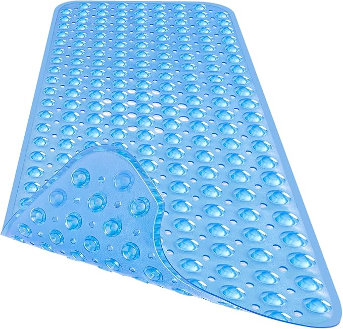 Extra Long Bathtub Mat Non Slip, Clear Blue Soft Bath Mat for Tub 40 x 16 Inch Full Size, Bath Tub Shower Mats for Bathroom Floor, Big Suction Cups and Drain Holes, Easy Washable, BPA Free
