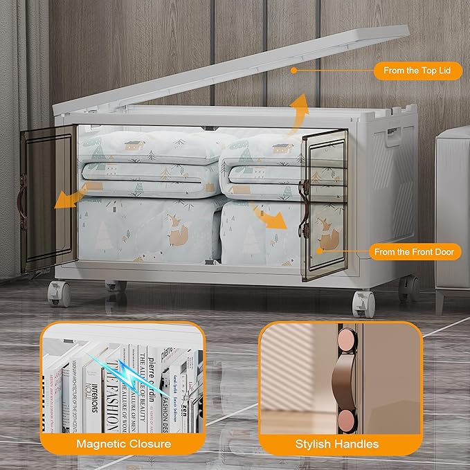 UAMFURI Stackable Storage Bins with Lids & Wheels & Door, Foldable Collapsible Closet Organizers, Extra Large Plastic Storage Drawers for Bedroom Dorm Office Garage (White-175QT, 1Pack with 1 top lid)