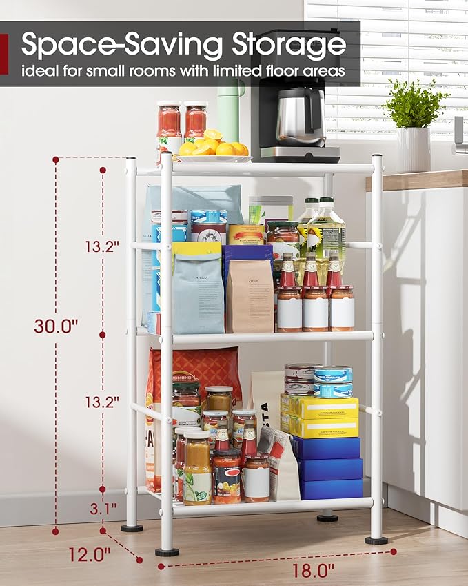 Sakugi Storage Shelves - 3 Tier Shelf Organizer, Sturdy Metal Garage Shelving with Adjustable Leveling Feet, Space-Saving Shelves Organizer for Pantry, Laundry, Kitchen (18" x 12" x 30", White)