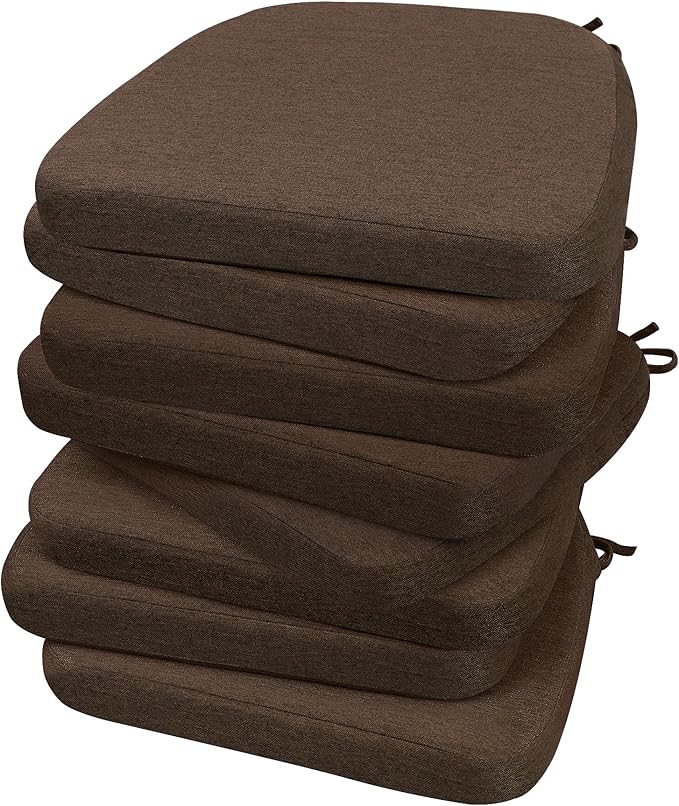 AAAAAcessories D-Shaped Chair Cushions, 2" Thick Dining Chair Pads with Ties and Removable, Machine-Washable Cover, 17" x 16", Set of 8, Brown