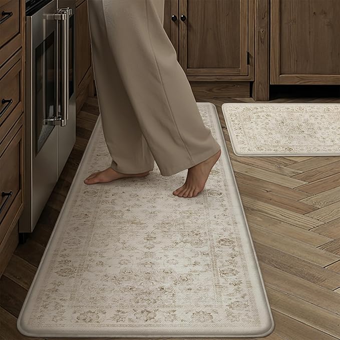 Thick Anti Fatigue Kitchen Mats 2PCS Beige Neutral Cushioned Vintage Floor Mat Non-Slip Waterproof Comfort Standing Rug for Sink Laundry Office 17.3"×47"+17.3"×30" (0.47inch)