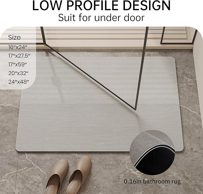 Mecko Bath Mat Rug, Rubber Non-Slip Quick Dry Absorbent Thin Bathroom Rugs Fit Under Door Bathroom Floor Mats-Shower Rug for in Front of Bathtub, Sink, Shower Room(Light Grey,16"x24")