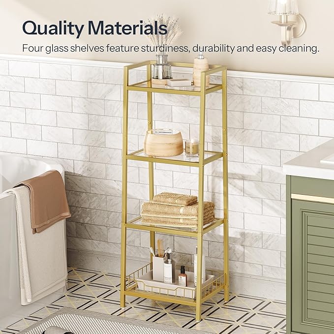 HOOBRO Gold Glass Shelf Stand, 4 Tier Standing Shelf Unit, Bathroom Organizer and Storage, Floor Storage Shelves Waterproof, for Bathroom, Laundry, Toilet, Tempered Glass, Gold GD79CJ01