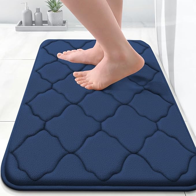 OLANLY Memory Foam Bath Mat Rug 24x16, Ultra Soft and Absorbent Bathroom Rugs, Non-Slip, Comfortable, Machine Washable Bath Carpet for Bathroom Floor, Tub, Shower and Home Decor Accessories, Navy