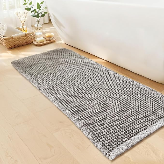 Waffle Runner Bath Mat - Long Boho Bathroom Rugs Non Slip Washable, Super Absorbent & Quick Dry, Soft Bath Mat Farmhouse Bathroom Decor, 24'' x 60'', Light Grey
