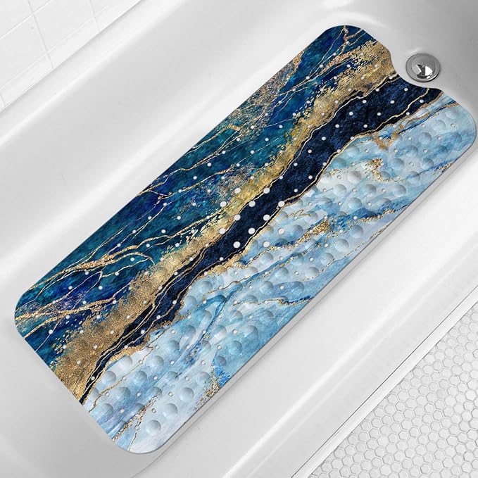 LNOND Marble Bath Tub Mat Non Slip, Extra Long 40 X 16 Inch Anti Slip Mat for Bathtub, Blue and Gold Marble Shower Mat with Drain Holes and Suction Cups, Machine Washable