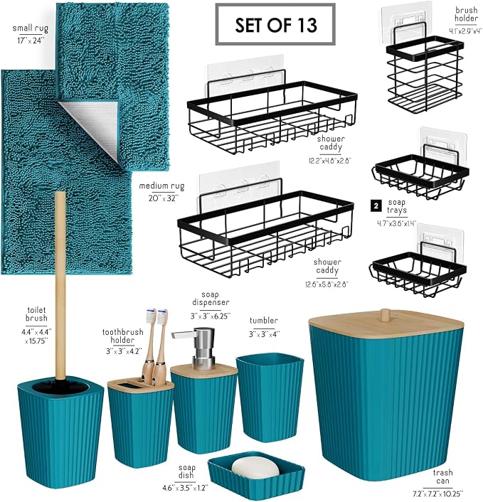 Clara Clark Bathroom Set - Teal Bathroom Accessories Set, 6PC Bathroom Accessory Set, Bathroom Sets with Bathroom Rugs, Adhesive Corner Shower Caddy Hanging, Toilet Brush, Trash Can & Soap Dispenser