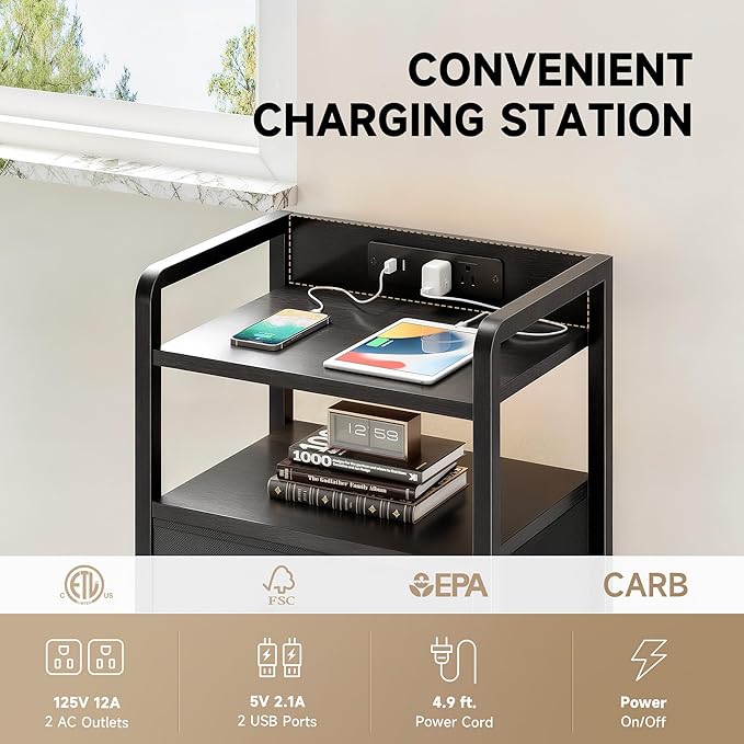 Lazzanto Night Stand Bedside Charger Bedroom - Nightstand with Charging Station & LED Light Strip, Night Stand with Storage Shelf & 3 Fabric Drawers, Morden End Table with U-S-B Ports & AC Outlets