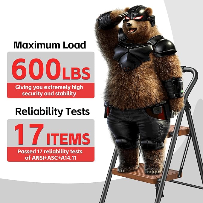 Step Ladder Foldable Folding Stool - for Home Adults Kitchen 2 Stepping Extension Tall Heavy Duty with Handrails - Closet Stepstool Stair Ladders Extendable Stepladder for Indoor House 600Lbs
