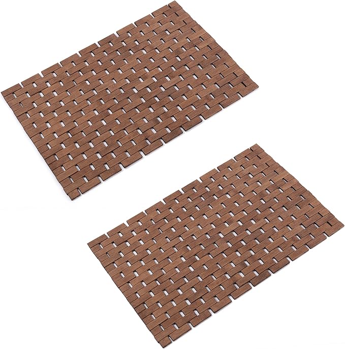 Bamboo Bath Mat Bathroom Rugs Floor Wood Shower Bathtub Waterproof Non Slip Walnut Accessories 16x24 Inch Easy to Clean, 2 pcs