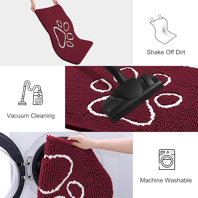 Smiry Dog Door Mat for Muddy Paws, Absorbent Dirt Trapper Non Slip Quick Dry Washable Chenille Mat for Mud Dogs, Entry Rug for Indoor and Outdoor (48x30 Inches, Burgundy and White)