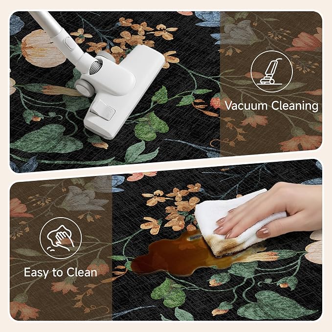 PureCozy Kitchen Mats 2PCS Anti Fatigue Cushioned Mat Non Slip Floral Boho Kitchen Mats for Floor Waterproof Comfort Standing Black Rug for Sink Laundry Office Desk 17.3"x59"+17.3"x30"