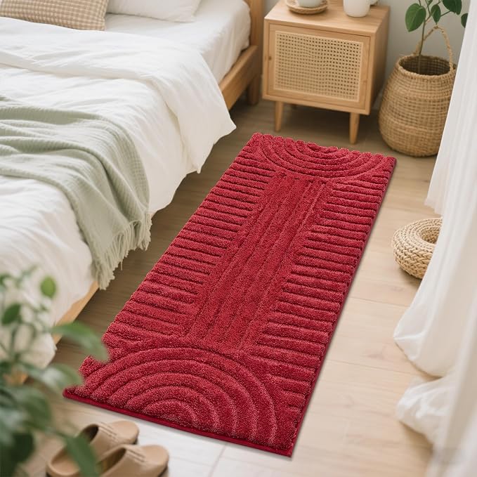 SHACOS Super Soft Bathroom Runner Rugs 24"x60" Non Slip Boho Bath Mats Microfiber Absorbent Carpet for Bath Room Machine Washable Shaggy Bath Rugs for Shower Bathtub Home Decor, Red 2'x5'