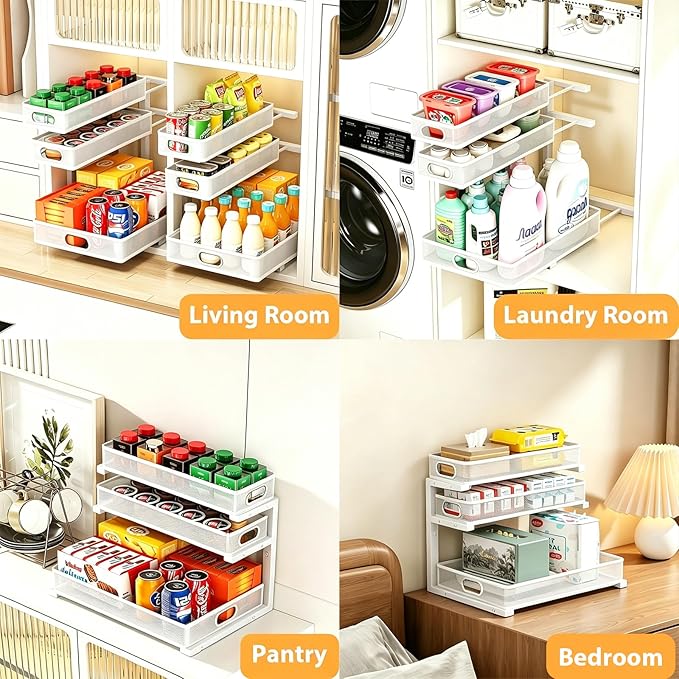 2 Pack Under Sink Organizer, 3-Tier Pull Out Kitchen Cabinet Organizer, Height Adjustable Metal Slide Out Bathroom Storage Makeup Drawer Rack for Bedroom Office Laundry Pantry Home Organization, White