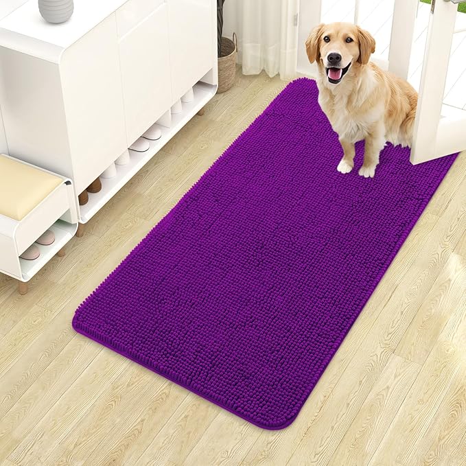 OLANLY Dog Door Mat for Muddy Paws 40x24, Absorbs Moisture and Dirt, Absorbent Non-Slip Washable Doormat, Quick Dry Chenille Mud Mat for Dogs, Entry Indoor Entryway Carpet for Inside Floor, Purple