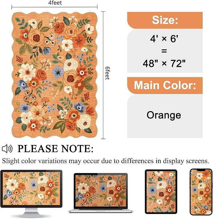 DUKINO 4x6 Area Rug, Floral Non-Slip Indoor Washable Rug with Low Pile & Non-Shedding, Lightwight Boho Design Carpet for Entryway, Bedroom, Kids Room, Living Room, Kitchen, Orange