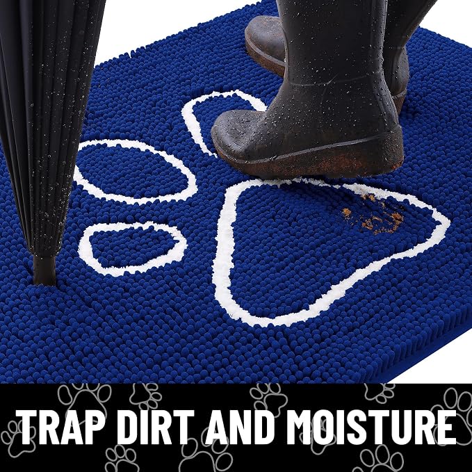 Smiry Dog Door Mat for Muddy Paws, Absorbent Dirt Trapper Non Slip Quick Dry Washable Chenille Mat for Mud Dogs, Entry Rug for Indoor and Outdoor (36x24 Inches, Royal Blue and White)