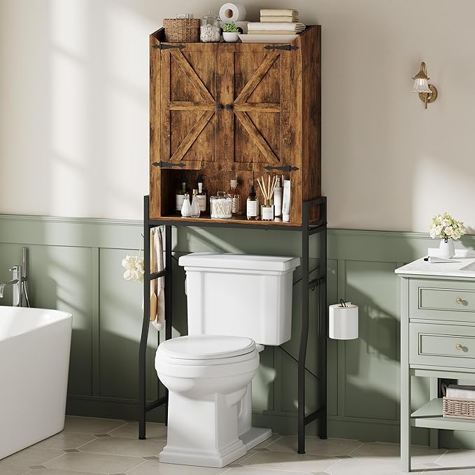 Memobarco Over The Toilet Storage Cabinet, Over Toilet Organizer with 2-Door & Metal Stand, Bathroom Organizers and Storage with Adjustable Shelves for Bathroom, Restroom, Laundry, Rustic Brown