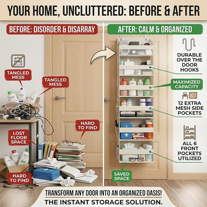 HOMELUX THEORY UPGRADED 6 Tiers Over The Door Organizer Hanging - 100D EXTRA THICK & 50lbs HUGE CAPACITY, 12 Side Mesh Pockets Over The Door Shoe Organizer, Hanging Closet Organizer (Light Gray, 1pc)