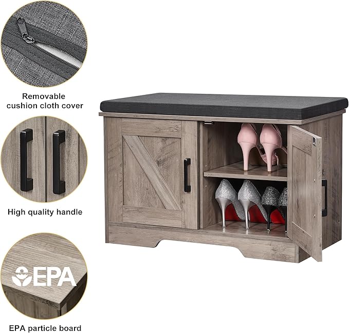 HOMSHO 2-Tier Storage Bench, 27.6" Wide Shoe Bench with Padded Seat Cushion, Entryway Bench with 2 Barn Doors and Adjustable Shelf, Greige