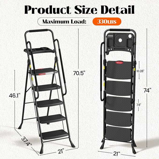 HBTower 5 Step Ladder, Folding Step Ladder with Wide Anti-Slip Pedal & Tool Tray, Step Ladder with Handrails for Home and Kitchen, 330lbs