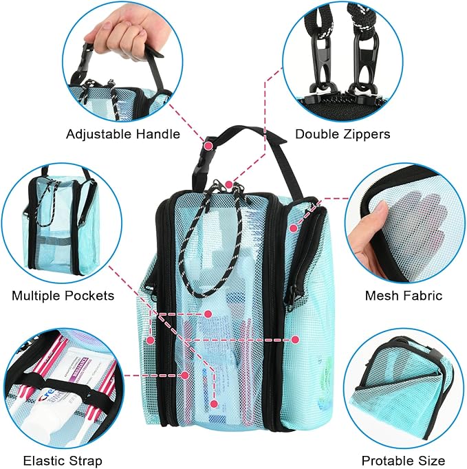 Cosmos Mesh Shower Caddy Toiletry Organizer Hanging Shower Tote Bag, Quick Dry Shower Organizer Portable Bath Bag with Durable Zippers & Side Pockets for Travel Gym Swimming Beach & Camp (Aqua Blue)