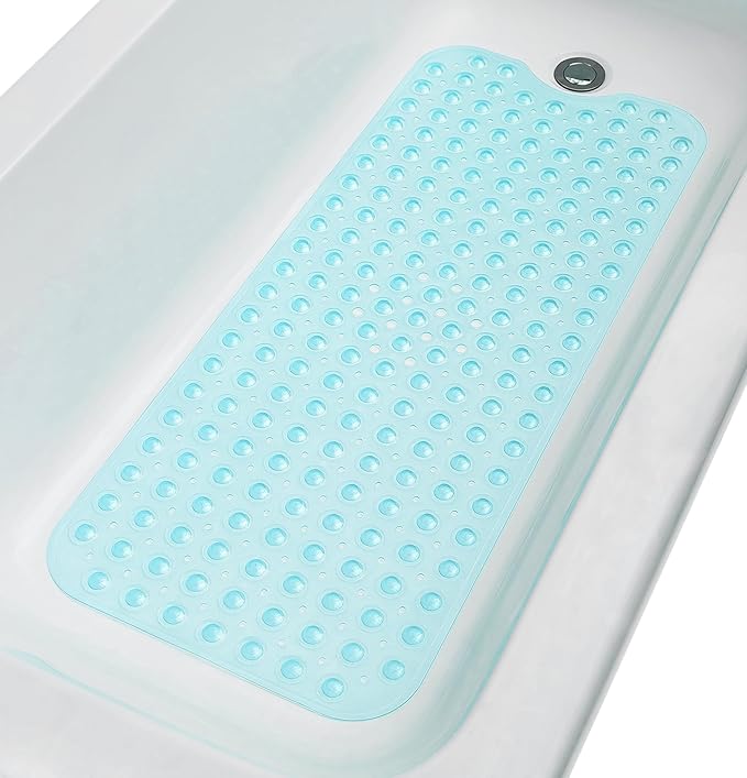 Extra-Long Non-Slip Bathtub & Shower Mat 39”x16” (Smooth/Non-Textured Tubs Only) Safe, Clean, Machine-Washable, Superior Grip&Drainage, Vinyl, Transparent Aqua/Blue-Green