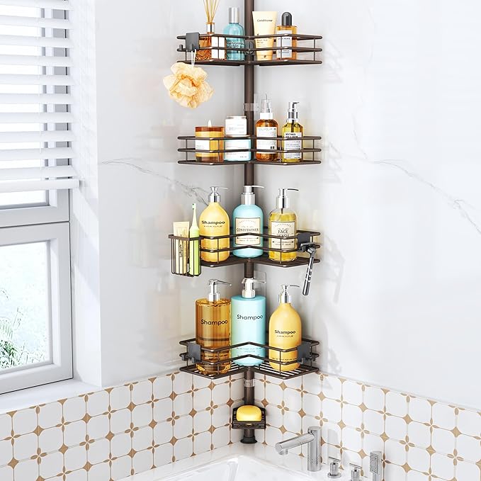 HapiRm Corner Shower Caddy Organizer - Shower Organizer Corner with Soap Holder, Toothbrush Holder and 4 Hooks, Rustproof Bathroom Shelf Tension Pole Available for 27.6 to 108.3 Inch - Bronze