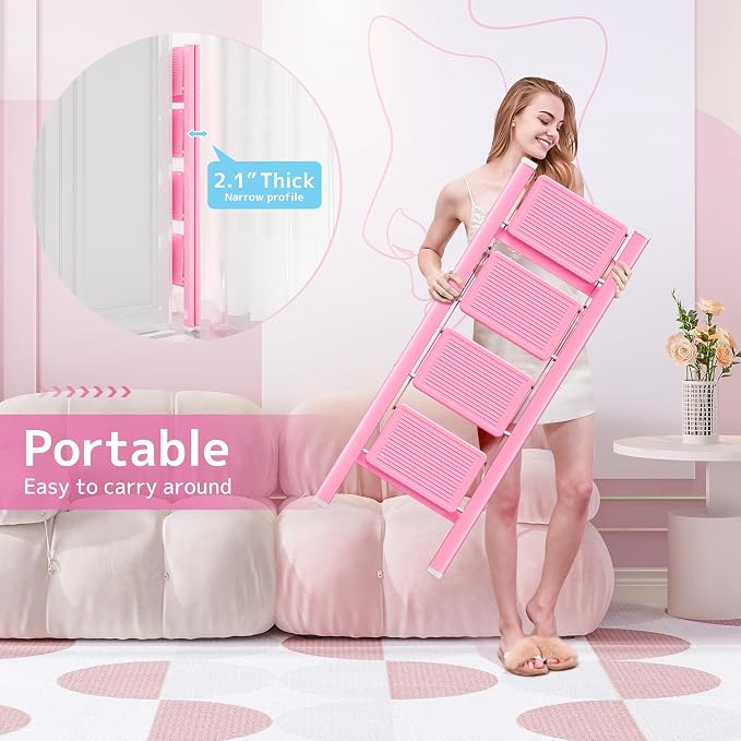 Pink 4 Step Ladder, Sturdy Foldable Ladder, Integrated 7.9Inch Wide Pedal and Anti-Slip Feet for Steady Support, Suitable for Kitchen, Closet, Indoor and Outdoor Use, 330Lbs Load