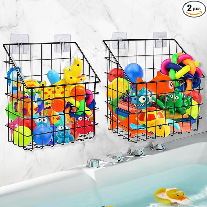 Greentainer 2 Pack Bath Toy Storage Organizer, Large Rustproof Metal Wire Basket, Wall Mounted Hanging Bathtub Holder, Bathroom Shower Caddy for Tub Toys & Toiletries