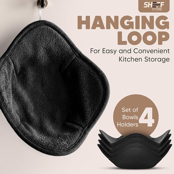 Sheff Set of 4 Plate Cozy Holders - Microwave Plate Holders - Reusable Large Bowl Holders - Washable Microwave Huggers - for Hot and Cold Bowls, Dishes (Black)