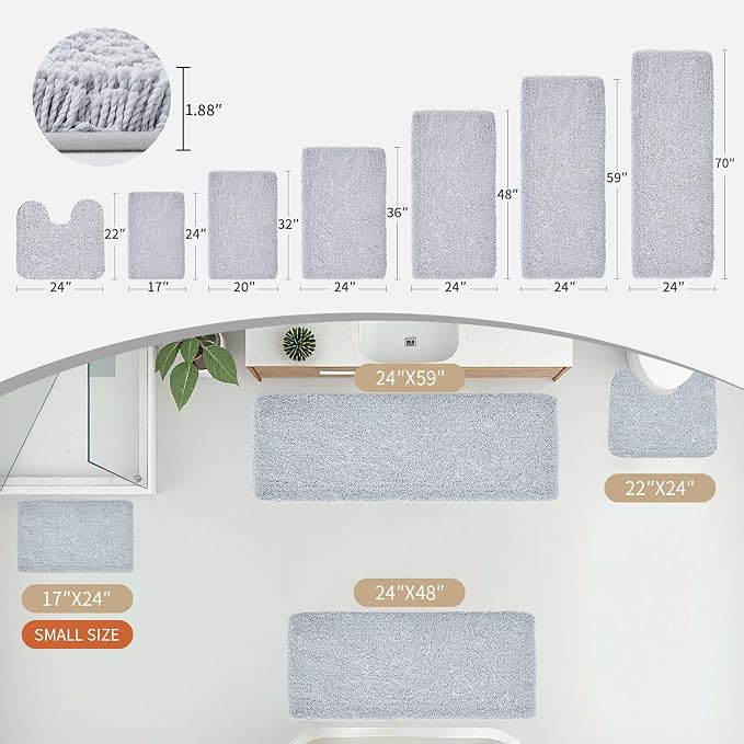 Disolla Bathrom Runner Rug 24x70 - Extra Large Soft Plush Bath Mat, Thick Long Non-Slip Shaggy Floor Mat, Ultra-Absorbent for Master Bathroom Vanity, Silver Grey