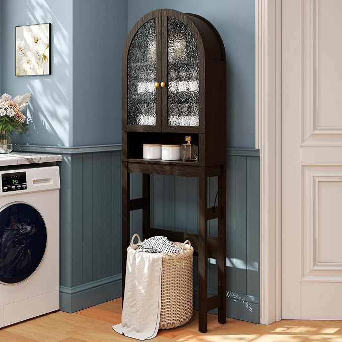 HMstone Over The Toilet Storage Cabinet, Arched Bathroom Organizer and Storage with Acrylic Doors and Adjustable Shelf, Space Saver Freestanding Bathroom Modern Storage Cabinet Over Toilet Dark Brown