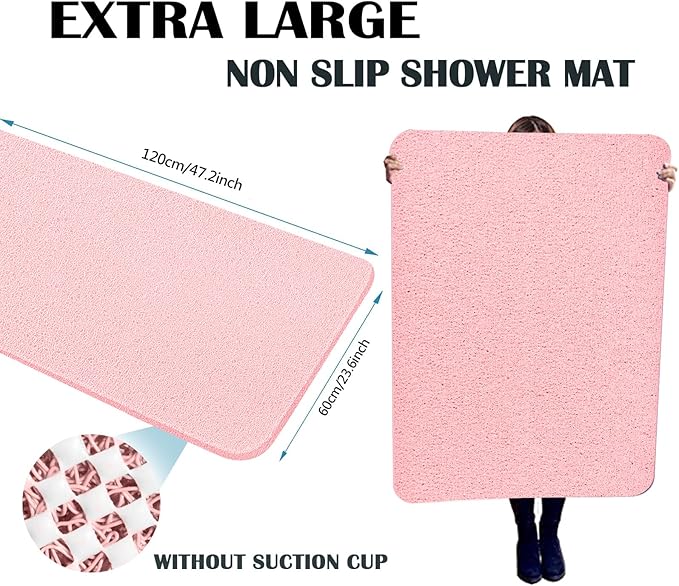 godehone Shower Mats Non Slip Without Suction Cups, PVC Loofah Bathroom Mats, Loofah Mats for Shower and Bathroom, Quick Drying, 23.6× 47.2 Inch, Pink