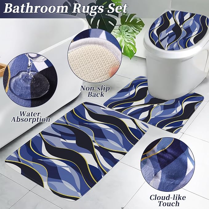 XLHOMO Bathroom Set - Blue and Gold Bathroom Accessories, Bathroom Sets with Shower Curtain and Rugs, Navy Blue Shower Curtain Set with Bathroom Trash Can, Soap Dispenser, Soap Dish for Home Decor