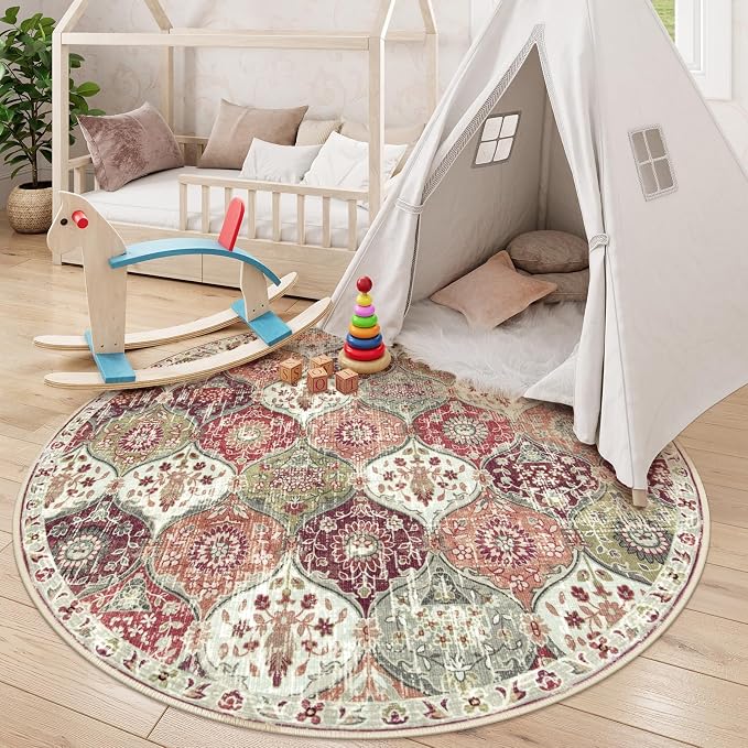 Lahome Moroccan Trellis Washable Round Rugs, Non-Slip Soft Round Rug 4ft Ultra-Thin, Small Vintage Circle Carpet for Entryway Kitchen Bedroom Nursery Bathroom Elise, Orange/Terracotta