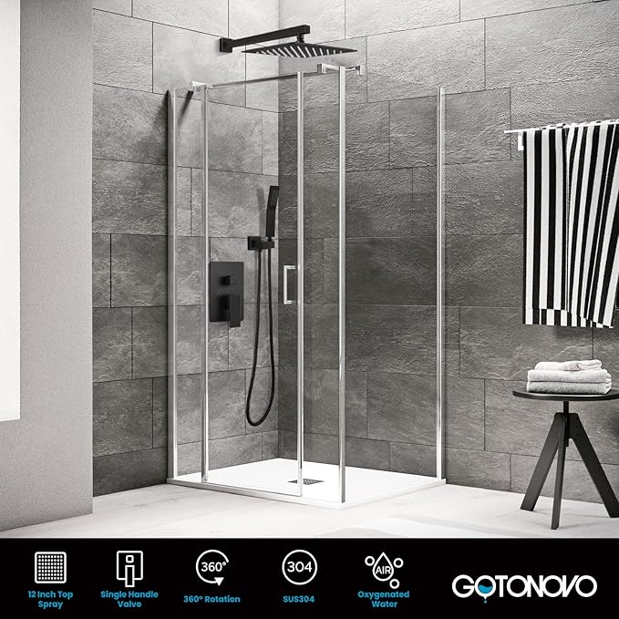 gotonovo Rainfall Bathroom Shower System Rain Shower Head and Handle Set Wall Mounted Shower Complete Combo Solid Brass Pressure Balancing Shower Mixer Valve 12 Inch Oil Rubbed Bronze