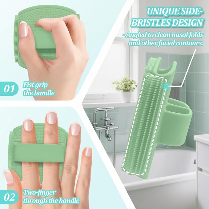Silicone Back & Face Scrubber & Bath Glove Set 3PCS, 13.4'' Gentle Back Scrubber with Dual-Side Head, 360° Anti-Slip Bath Glove, Unique Side-bristled Face Scrubber for All-round Cleaning(Green)