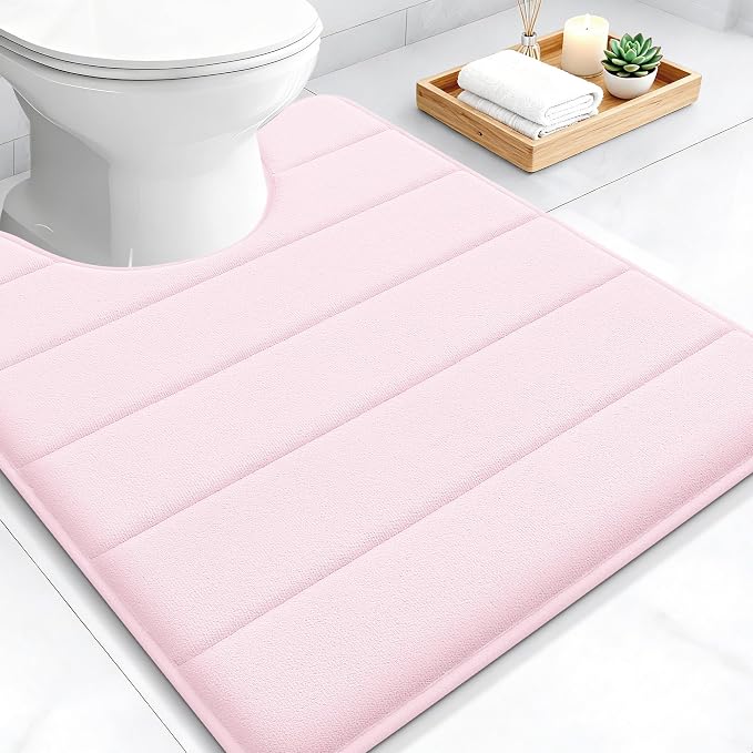 OLANLY Memory Foam Toilet Rugs U Shaped 24x20, Super Soft Absorbent Contour Bath Rugs, Quick Dry, Machine Washable Toilet Mat, Bathmat Floor Carpet, Bathroom Home Decor Accessories, Pink