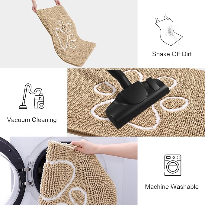 Smiry Dog Door Mat for Muddy Paws, Absorbent Dirt Trapper Non Slip Quick Dry Washable Chenille Mat for Mud Dogs, Entry Rug for Indoor and Outdoor (48x30 Inches, Beige and White)