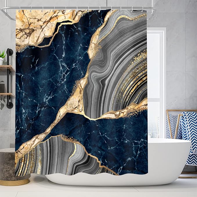 Nkzply 4 Pcs Blue Marble Shower Curtain Sets with Rugs Gold Bathroom Sets with Shower Curtain and Rugs Modern Abstract Grey Bathroom Accessories Decor Toilet Lid Cover and 12 Hooks