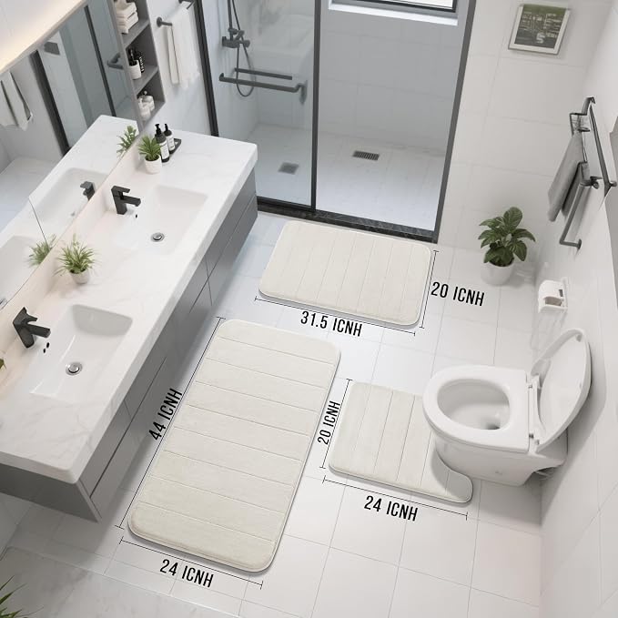 Yimobra 3 Pieces Memory Foam Bath Mat Set with U-Shaped Toilet Rug - Non Slip Super Soft Absorbent Quick Dry Bathroom Rugs for Bathtub, Vanity & Toilet Base, Cream White