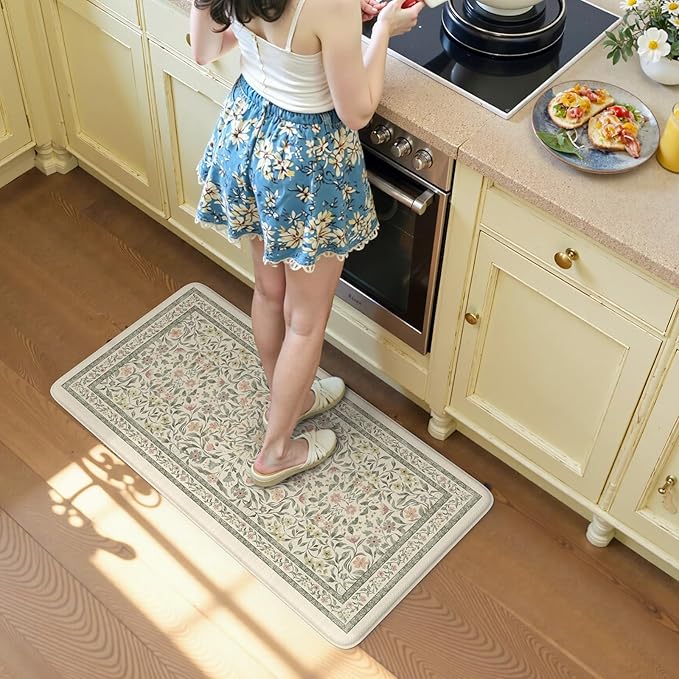 KIMODE Anti Fatigue Kitchen Mats for Floor, Boho Farmhouse Kitchen Rugs 20"x39", Non Slip Kitchen Mats for Floor, Padded Kitchen Floor Mats, Beige Rugs for Kitchen Floor Sink Laundry Office