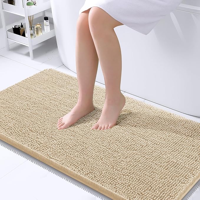 OLANLY Large Bathroom Rugs 40x24, Extra Soft Absorbent Chenille Bath Rugs, Rubber Backing Quick Dry, Machine Washable Bath Mats for Bathroom Floor, Tub and Shower, Home Decor Accessories, Beige